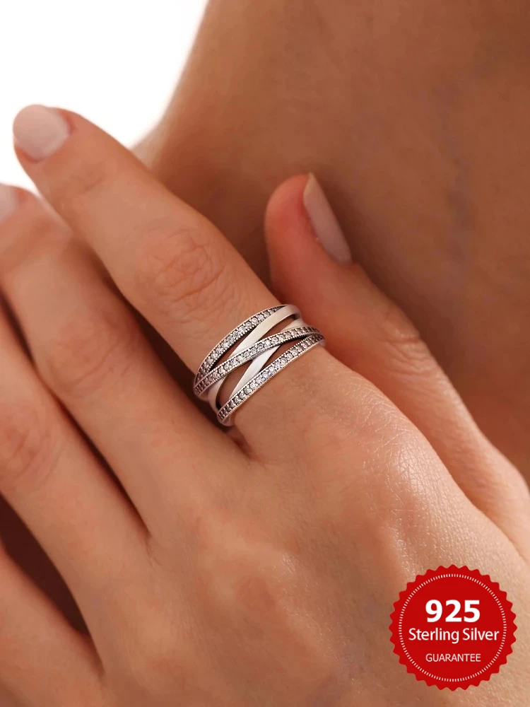 Ring aus 925er-Sterlingsilber, schillernde ineinandergreifende Schleifen, Zirkon-Ring für Damen, Jahrestag, Mode, personalisierbar, hochwertiger edler Schmuck