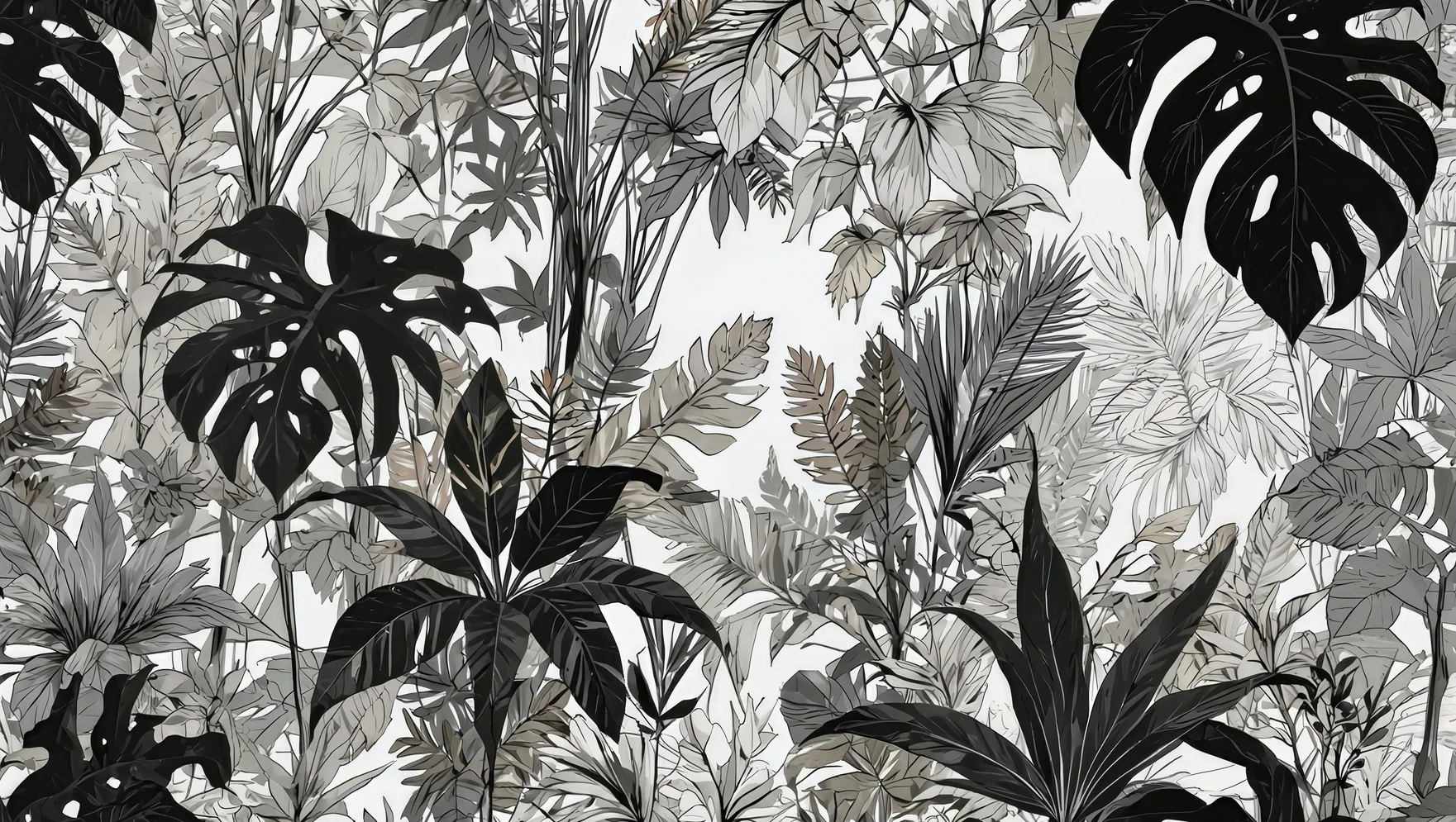 Customized Size 3d Wallpaper Southeast Asian Rainforest Plant Leaf Mural Black and White Banana Leaf Turtle Back Leaf Decorative