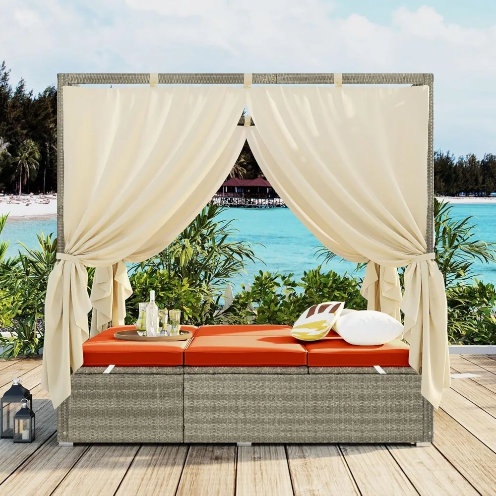 

Outdoor Canopy Bed Patio Sunbed Daybed with Retractable Canopy, Rattan Sun Lounger Patio Loveseat Sofa Set with Curtains