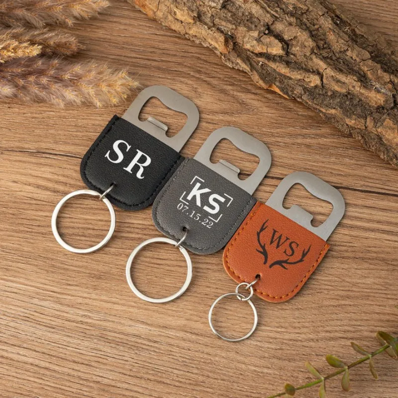 Laser Custom Logo Leather Beers Bottle Opener Stainless Steel Car Key Chain Engrave Keychain Personalize Blank Vintage Keyring