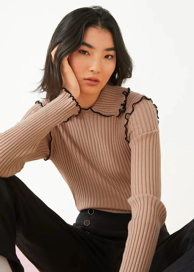 

French Sle Knitted Top with Ruffle Collar And Ribbed Design for New Year Capsule Collection Women's Faion Wool ...