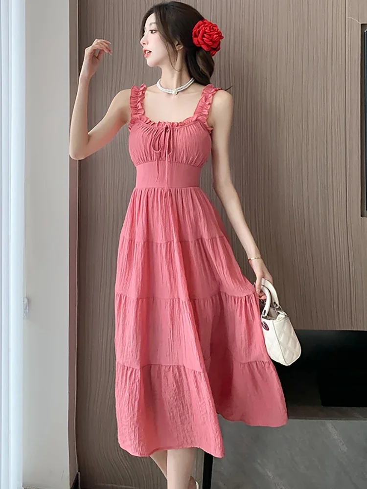 Women Pink Elegant Bow Chic Ruffled Sling Long Dress Summer Beach Style Casual Dress 2024 New Korean Bodycon International Dress