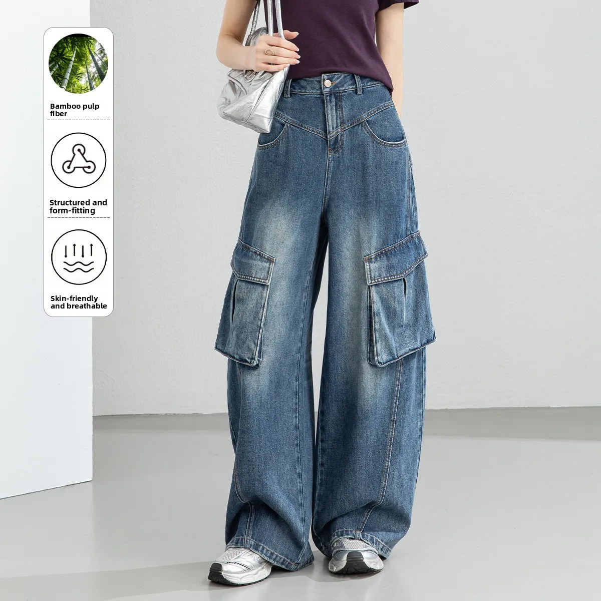 

High Waist Wide Leg Workwear Denim Pants Women's Loose Drapey Straight Long Trousers Multiple kets American Sle Jeans