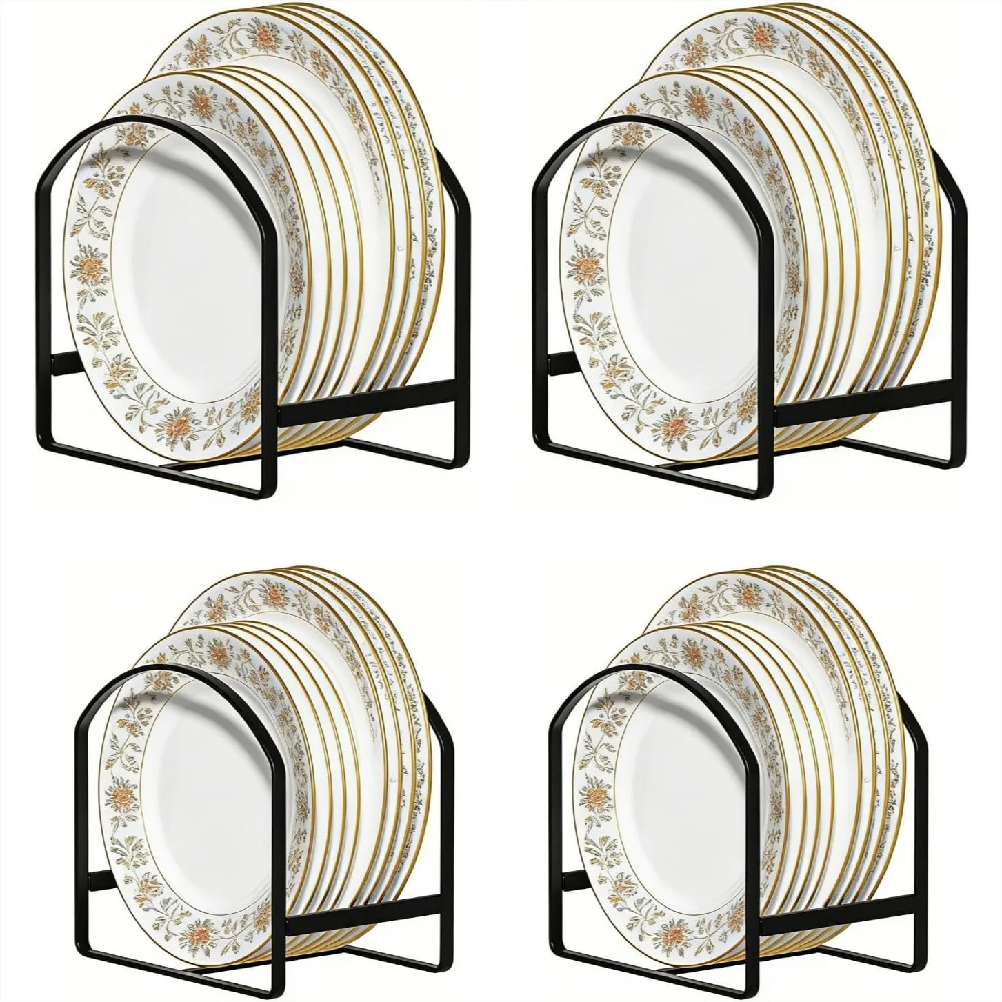 

4 Pack Kitchen Plate Holder Organizer for Cabinet Space Saver, Heavy Duty Metal Dish Racks for 6-12 Inch Plates, Upright Storage