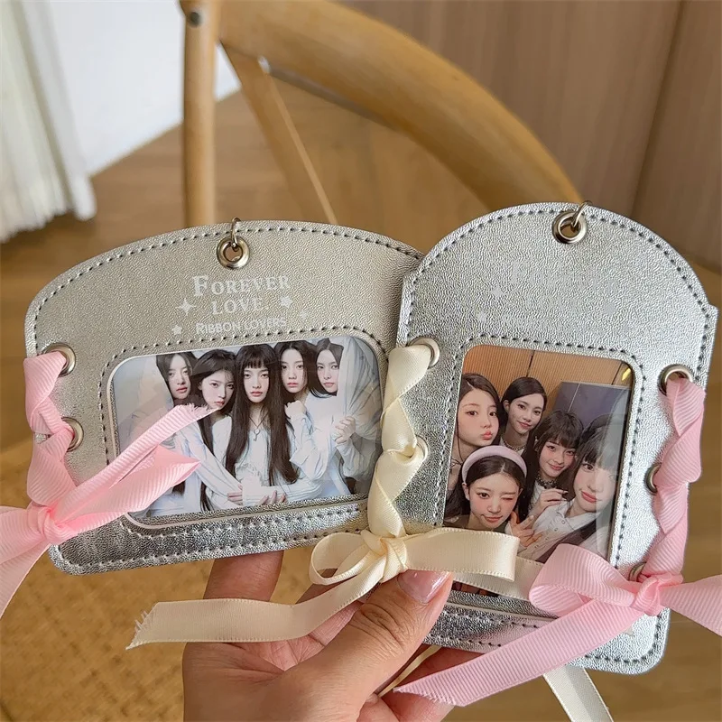Ballet Ribbon Card Holder Silver Leather 3-Inch Photo Display for K-Pop ID Campus Meal Card