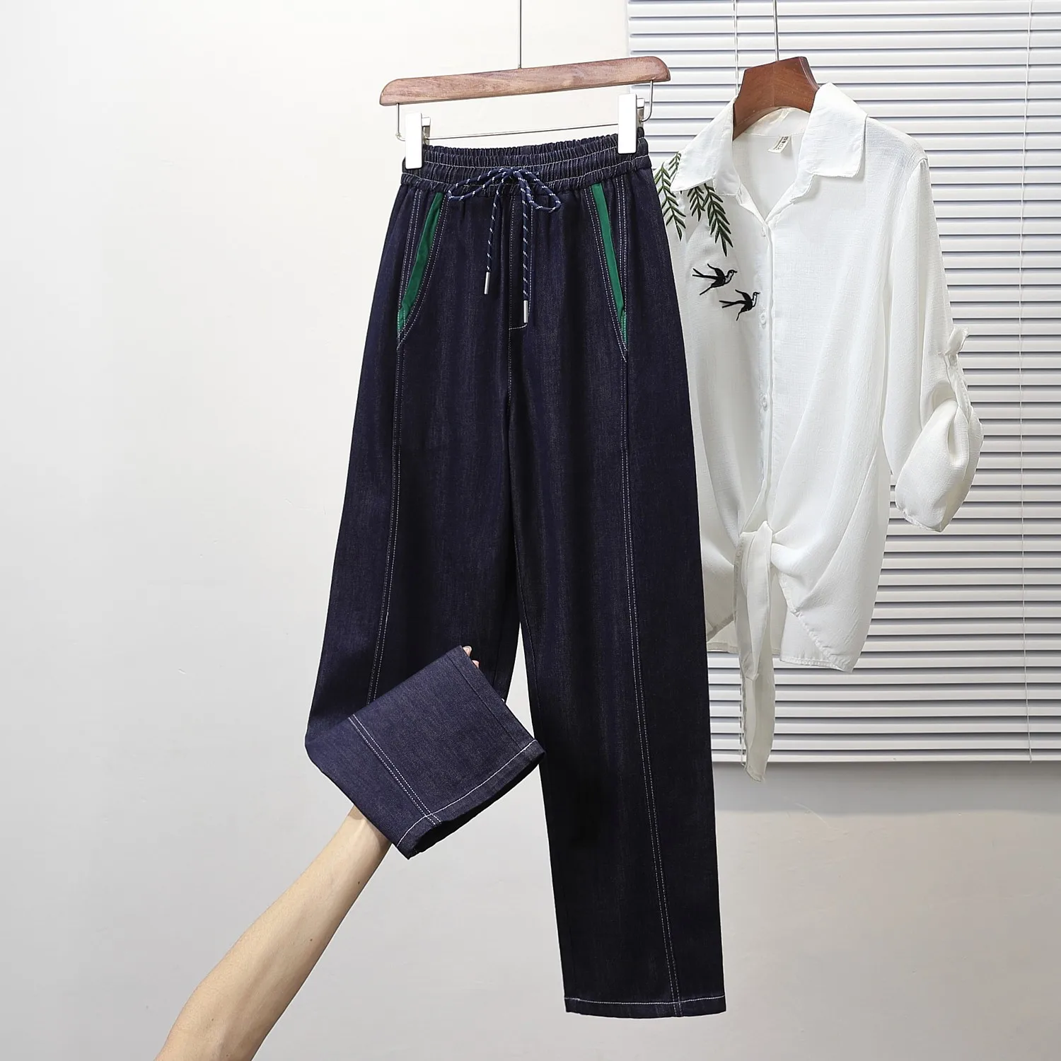 

Women Summer Deep Blue Denim Pants Elastic Waist Loose Ankle-Length Jeans Versatile Female Leisure Commuting Long Trousers L-3XL