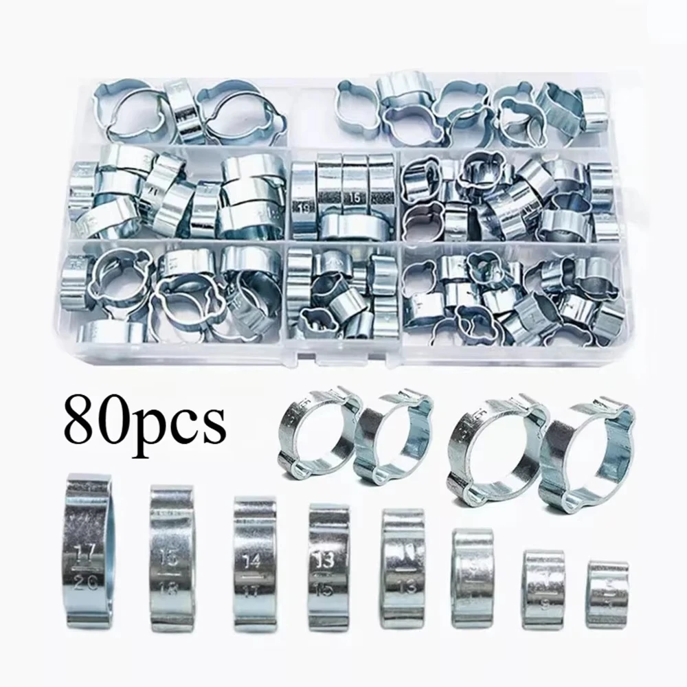 80Pcs Double Ear O Clips Automotive Air Fuel Hose Pipe Crimp Clamps Hose Fasteners