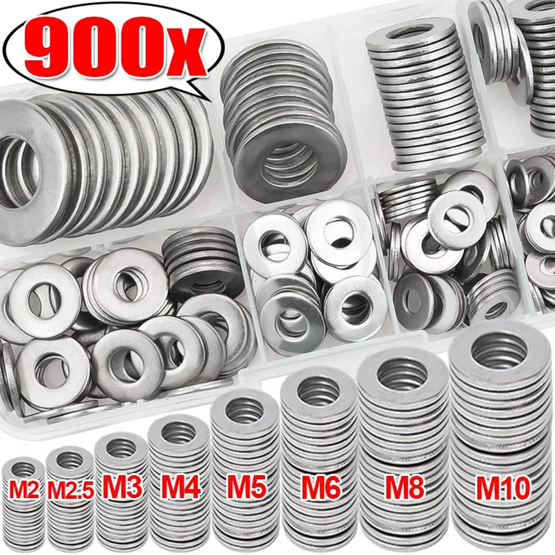 900/180Pcs Stainless Steel Flat Washers Flat Gasket Rings M2 M2.5 M3 M4 M5 M6 M8 M10 Hardware Plain Metal Washer Assortment Kit