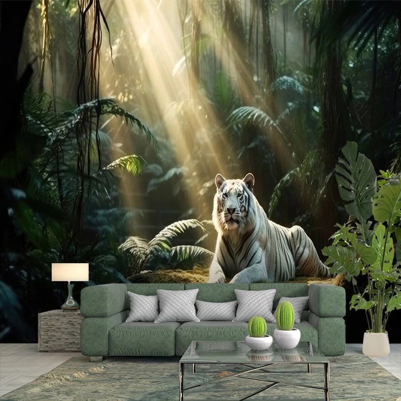 1PC White Tiger Jungle Sunlight View Print Backdrop Banner, Bedroom Living Room Photo Background, Polyester, Home Decor, Wall Ar