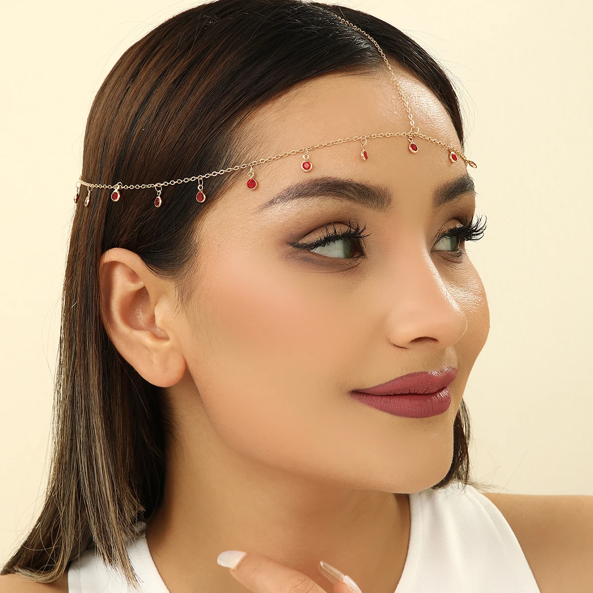

Vintage Boho Tassels Red Rhinestone Head Chain Headbands for Women Wedding Accessories Forehead Chain Indian Hair Jewelry Set