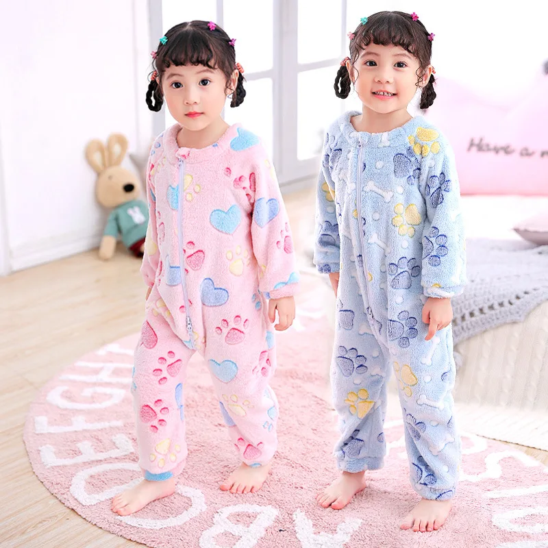 Baby Children Jumpsuits Sleeping Wear Toddler Kids Flannel Romper Long Sleeve Autumn Winter Cute Printed Clothing 2 to 4 Years