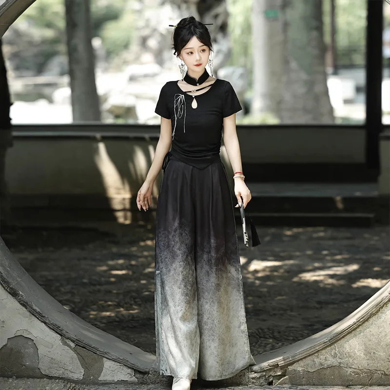 

Новые китайские платья, дизайн Crane Bamboo Abyss Hanfu, женский комплект в китайском стиле, новый комплект с верхними брюками в китайском стиле, женский костюм