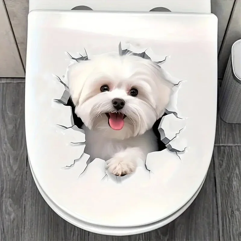 1pc Creative 3D Cracked Animal Dog Toilet Sticker, Adorable Bathroom Decor, Wall Self-Adhesive Art, Bathroom Decor