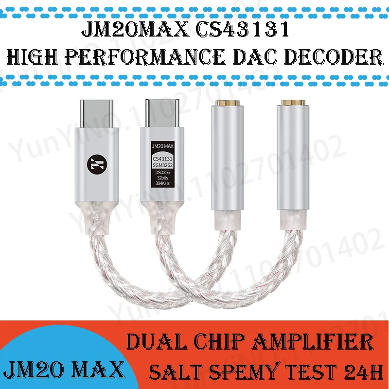 

JM20 Max CS43131+SGM8262 Dual Chip Digital Audio Decoder HiFi DAC Portable Type C to 3.5mm 8 CORE Headphone Amplifier Adapter