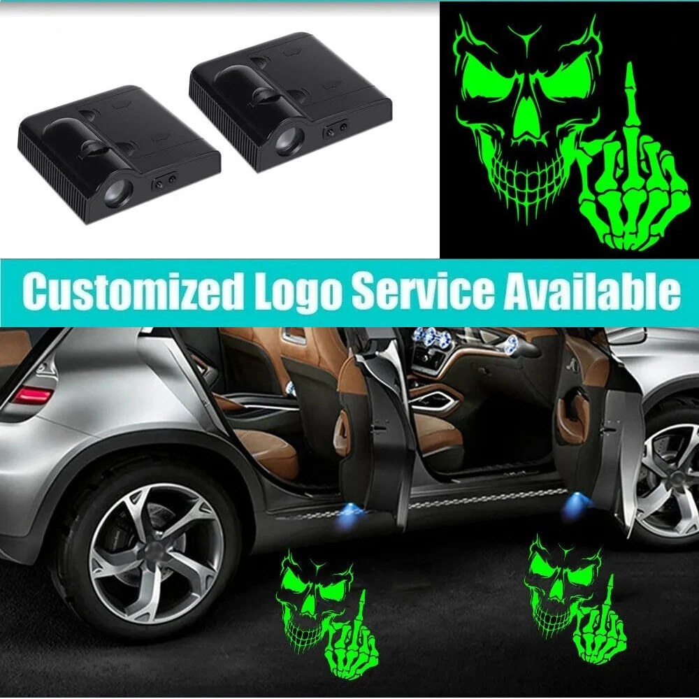 

2 Pieces Wireless Green Skull Middle Finger Logo Car Accessories Interior Car Door Laser Shadow LED Welcome Light