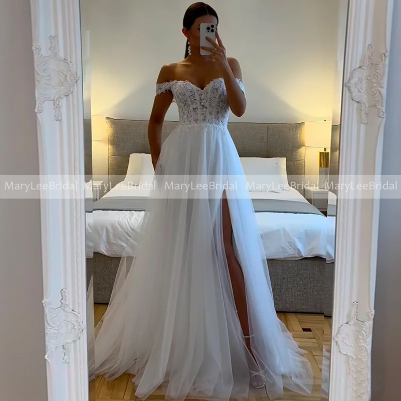 

Lightweight Boho Wedding Dress with High Slit Customized Lace Bodice Tulle Bridal Wedding Gowns Full Length robe de mariée 2025