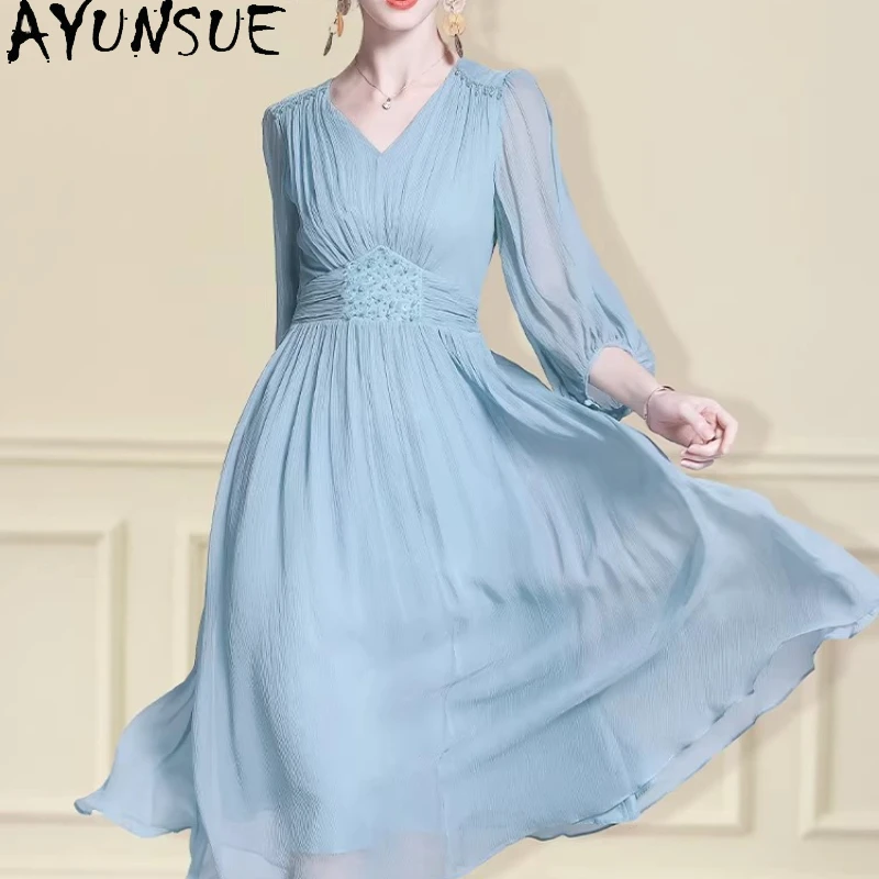 

AYUNSUE 100% Natural Mulberry Silk Beach Dress Elegant Dresses for Women Solid Color Summer Woman Clothes 2026 Платье Женское