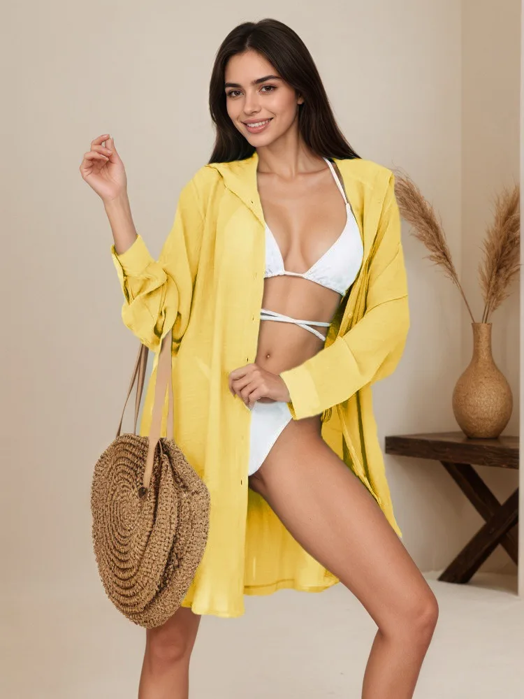 2026 New Beach Jacket Women's Shirt Style Vacation Solid Cardigan Bikini Swimsuit Cover-up Sun Protection Wear Women Clothing