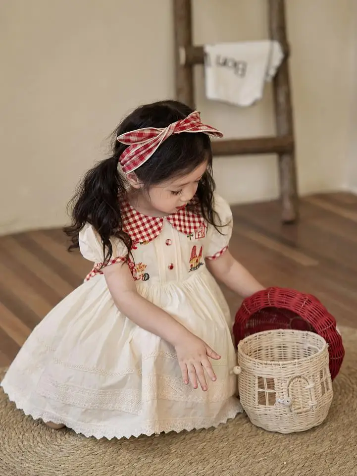 Summer Children Girls Sweet Cotton Cartoon TShirt Embroidery Floral Doll Collar  Dresses Tops Jean Shorts Baby Short Sleeve Sets