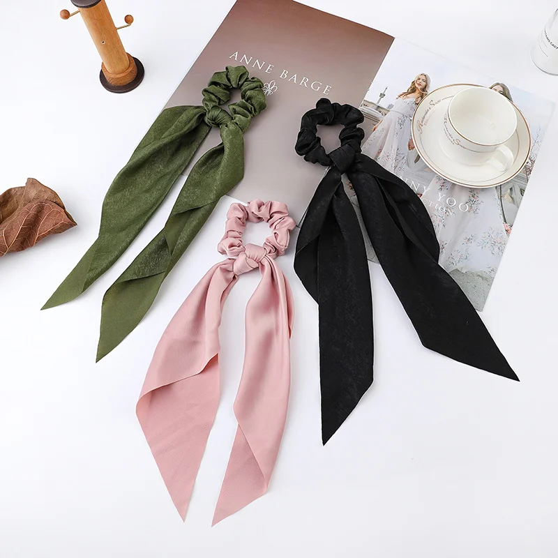 Fashion Flower Print Bow Satin Long Ribbon Ponytail Scarf Tie Scrunchies Women Girls Elastic Bands Hair Accessories