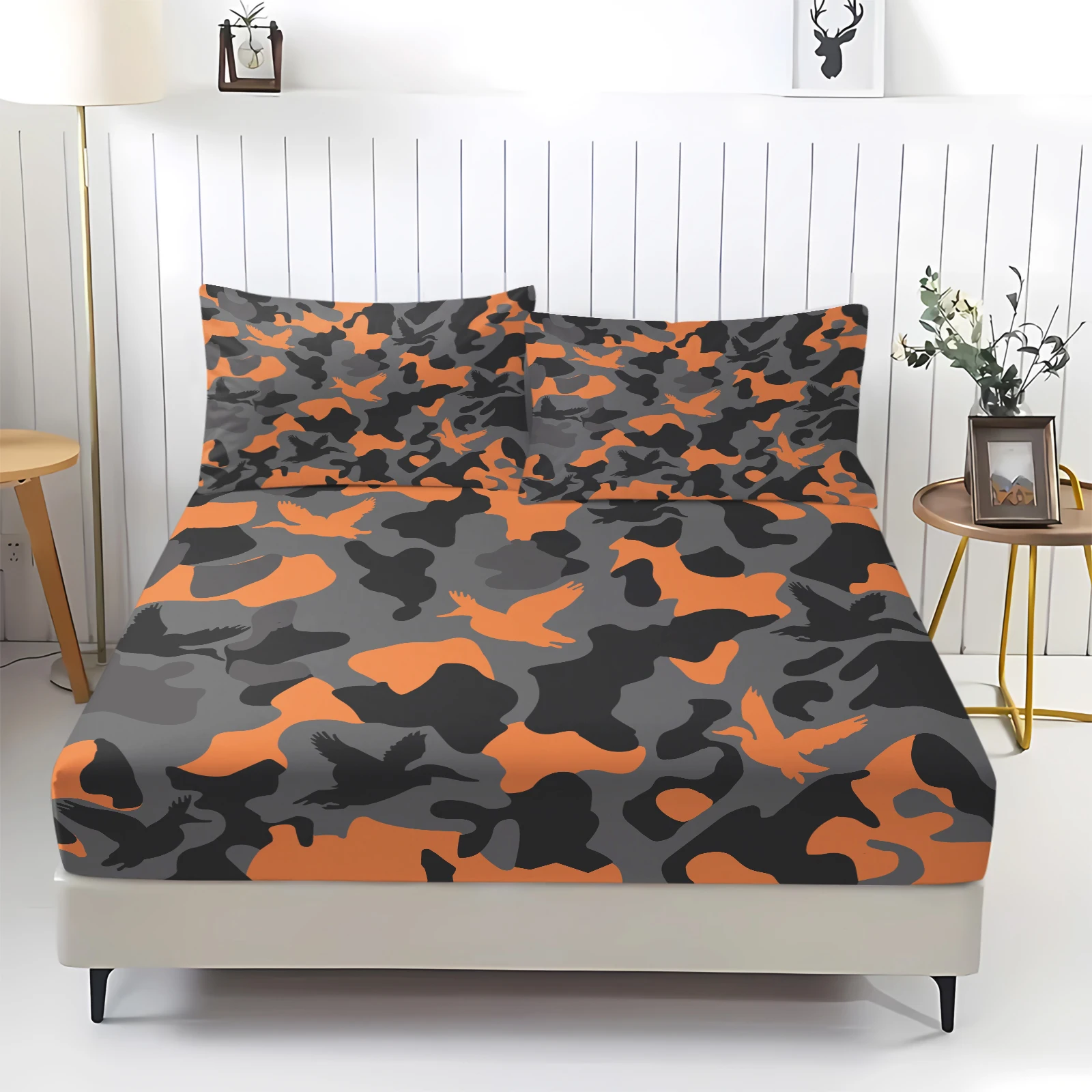 Dark Grey Orange Duck Camo Fitted Sheet Set 360° Elastic Wrap‑Around Mattress Cover Polyester Bedding With Pillowcases Hunting