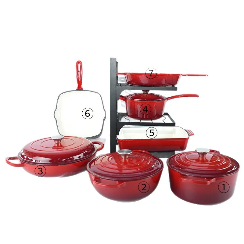 Bestseller 7pcs Enamel Cast Iron Cookware Set Seven-Piece Multi-Function Non-Stick Frying Pan and Stew Pot for Home Kitchen Use