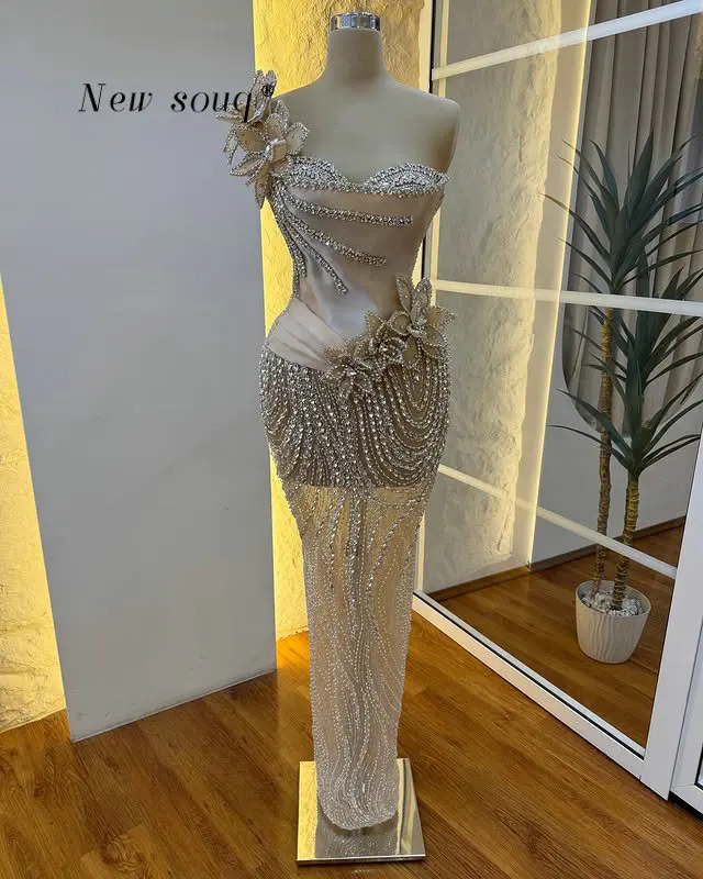 

New In Champagne Glitter One Shoulder Evening Dresses with Crystals Beaded Customized Special Occasions Prom 2026 Gowns Long