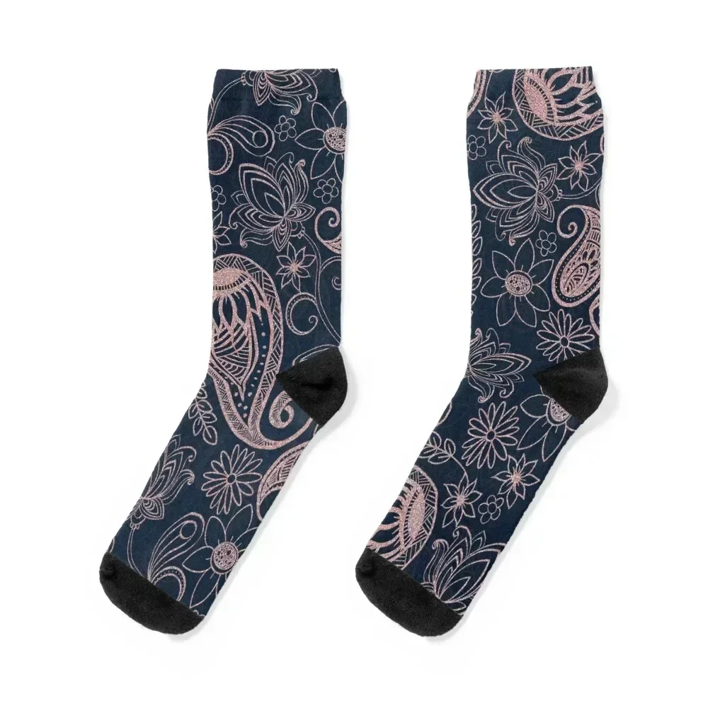 Classy Blue Rose Gold Glitter Paisley Floral Pattern Socks Heating sock anime Toe sports colored Socks Women's Men's