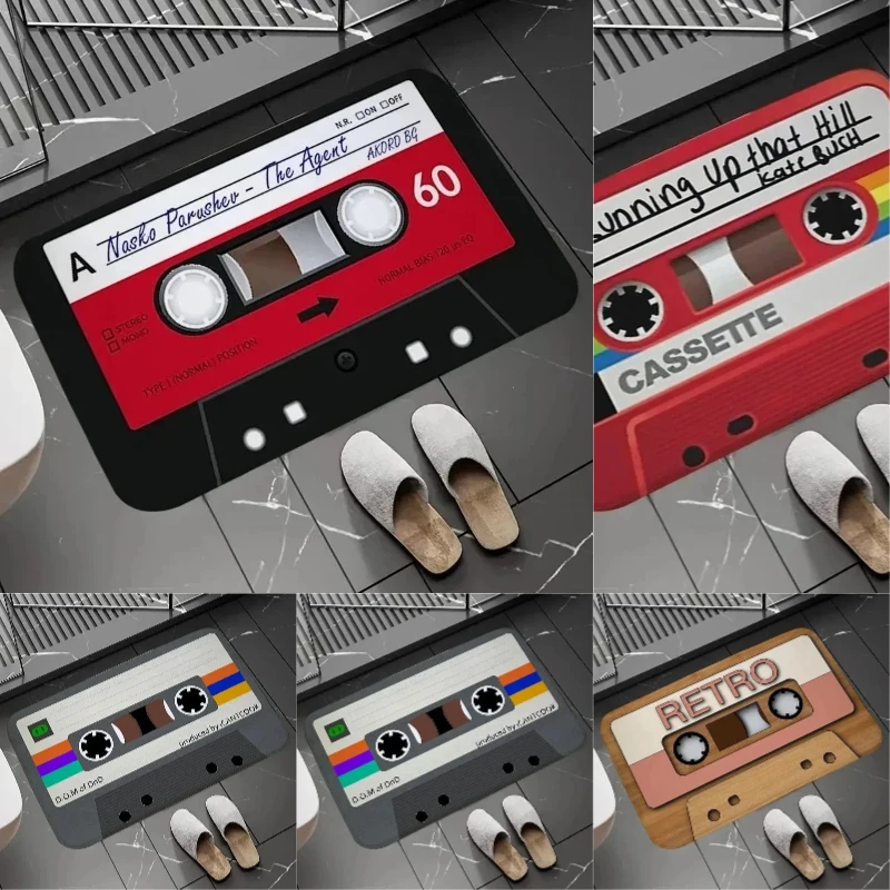 Alfombra retro con diseño de cinta de casete roja para puerta de salón, antideslizante, lavable, ideal para la decoración del hogar