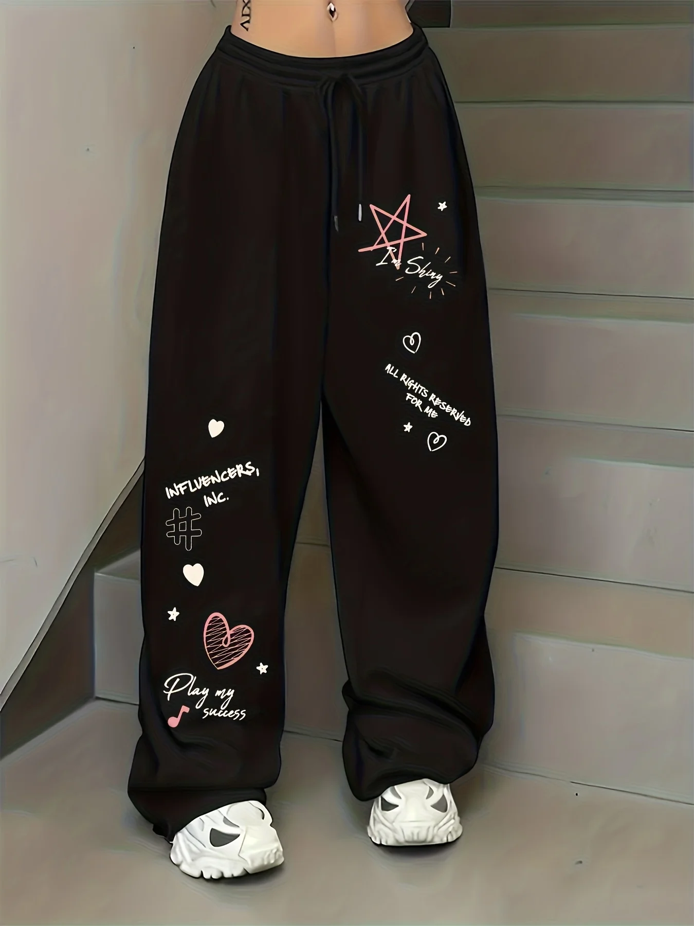 Five pointed star, musical note pattern element printed casual sports pants, American casual trend women's straight leg pants