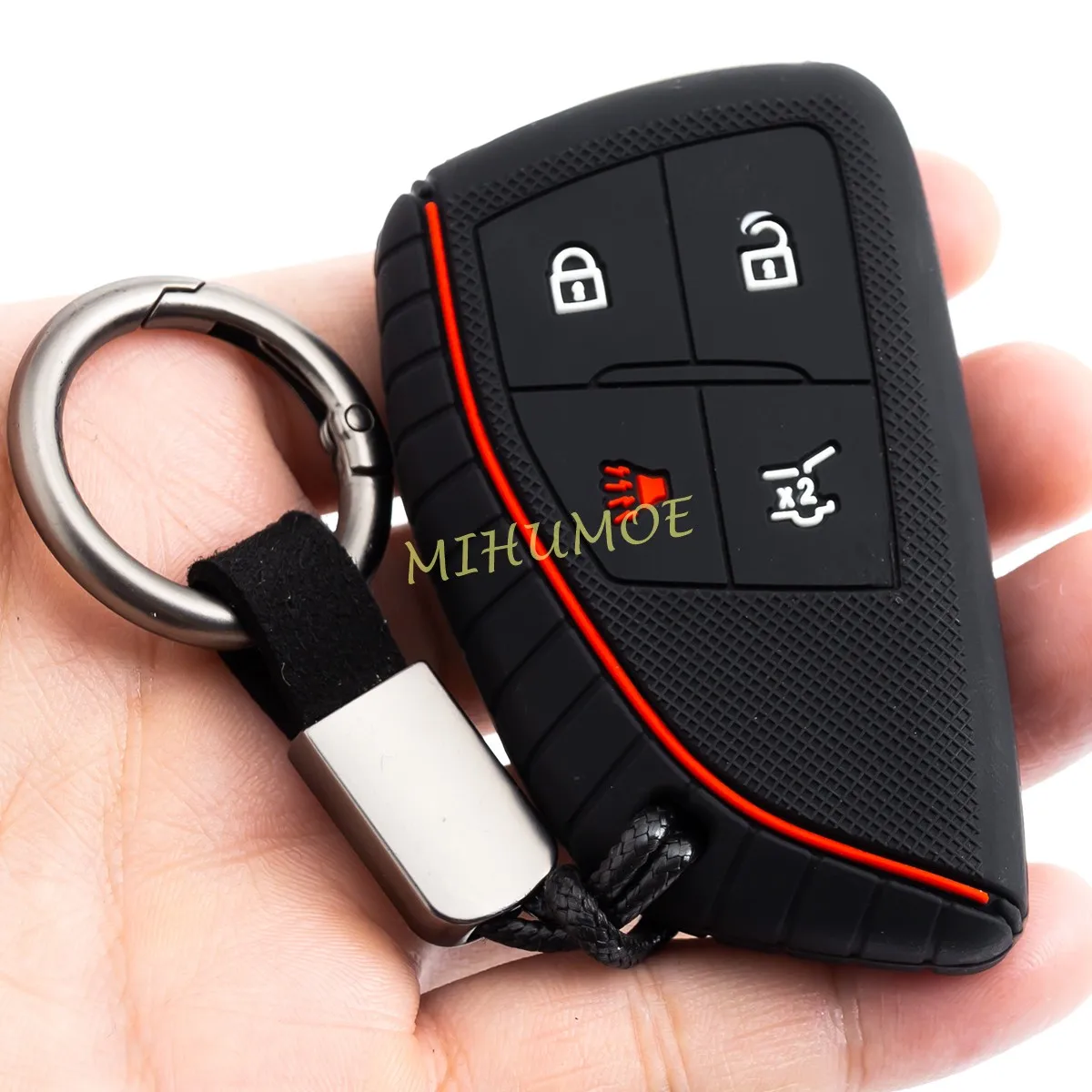 

For GMC Sierra Chevrolet Silverado 1500 2500HD 3500HD Tahoe Suburban Silicone 4 Buttons Car Key Fob Ring Chain Cover Case