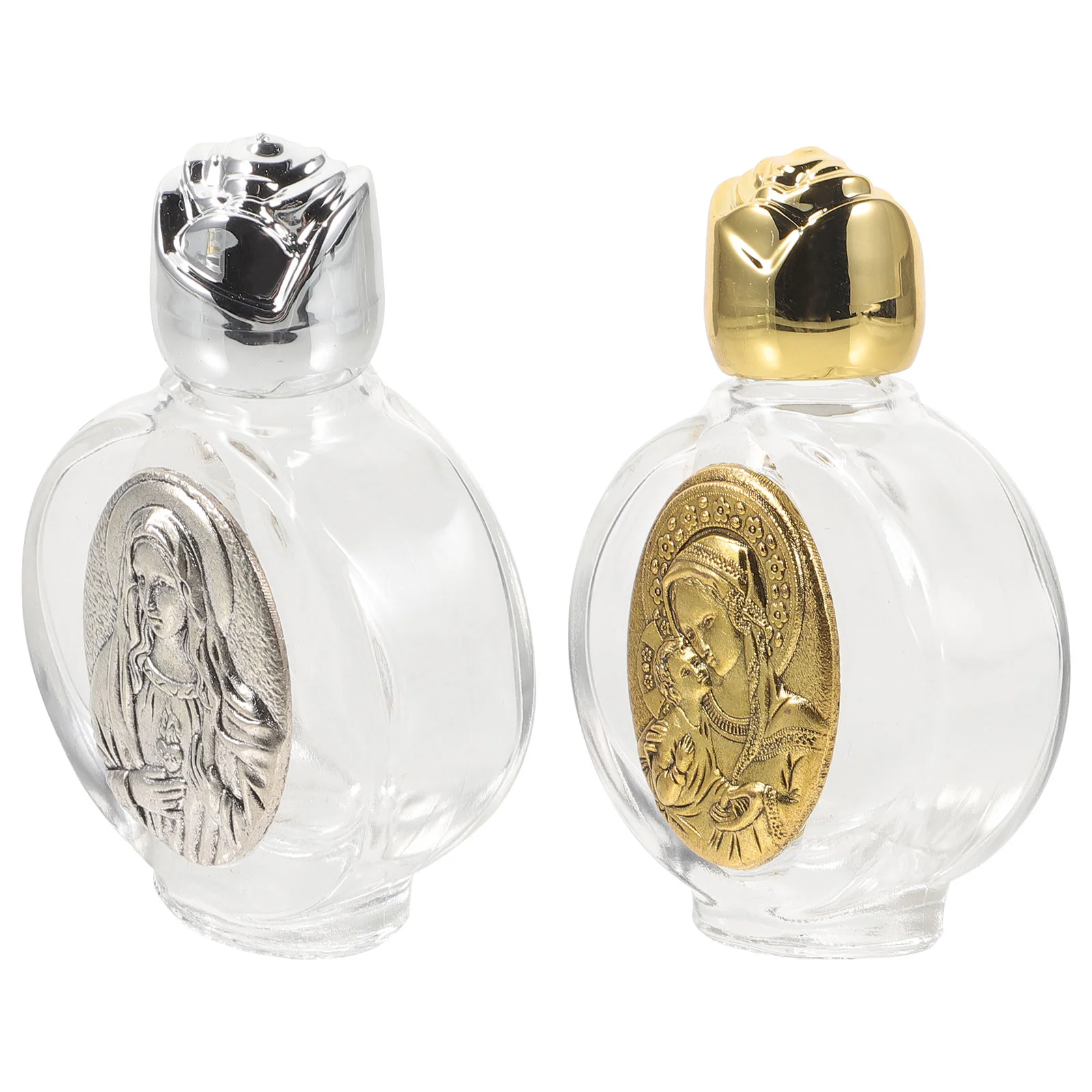 

2 Pcs Religious Portable Holy Water Bottle Alloy Engraved Glass Vials Sealed Decorative Containers Leakproof Travel