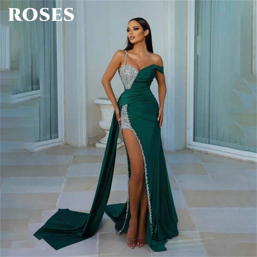 

ROSES Side Split Prom Dress Sequined Party Dresses Trumpet Celebrity Gowns Spaghetti Strap Wedding Party Dress вечерние платья