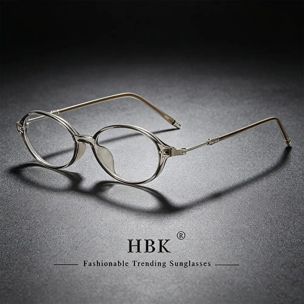 HBK Vintage Men's Oval Flat Lens High-Quality Tr-90 Small Glasses Frame Metal Core Insert Leg Women's Decorative Glasses