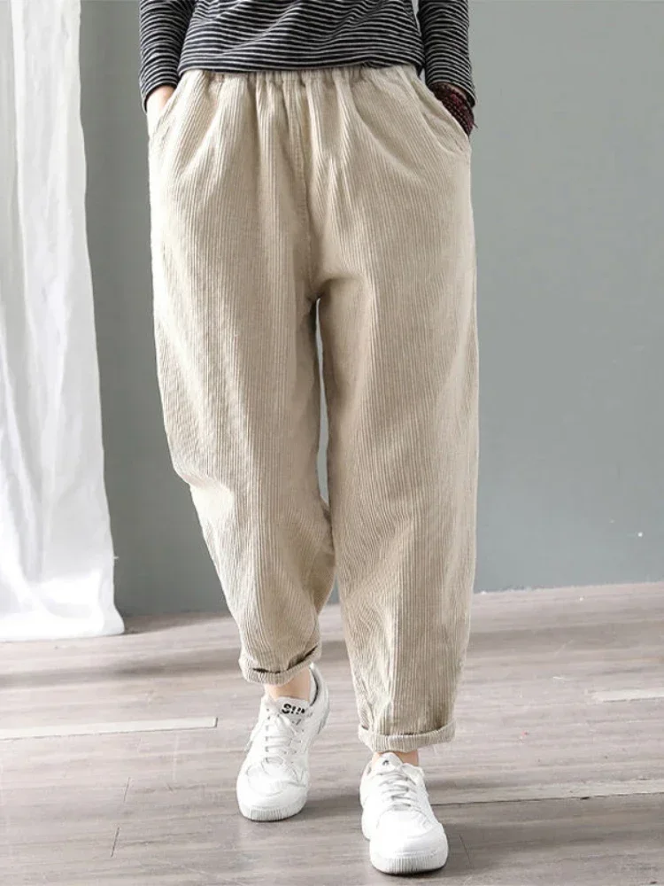 Velvet Warm Winter Pants for Women Elastic Waist Corduroy Harem Pant Loose Solid Pockets Oversize Streetwear Trousers Women