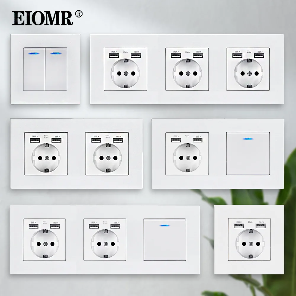 EIOMR EU Standard 16A with USB Wall Sockets AC 110-250V with Led Indicator Switchs White Flame Retardant PC Panel Power Outlets