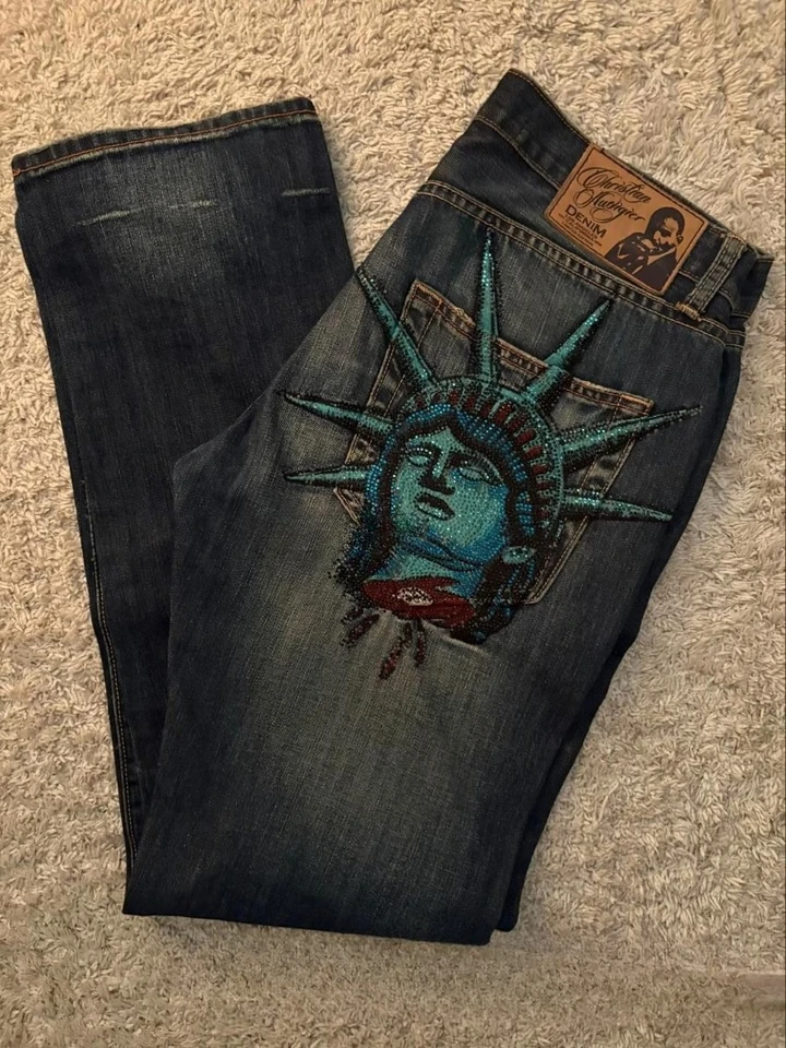 2000's archive grunge刺繍 denim pants y2k Y2k 2000s Statue of Liberty Klein Stone Jeans Pocket Hip Hop