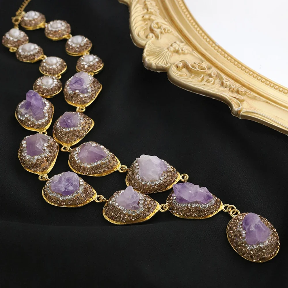 

Ожерелье с большим аметистом, женское ожерелье из натурального пресноводного жемчуга, цепочка на ключицу, модные очаровательные украшения для женщин, кулон, колье, воротник, подарки