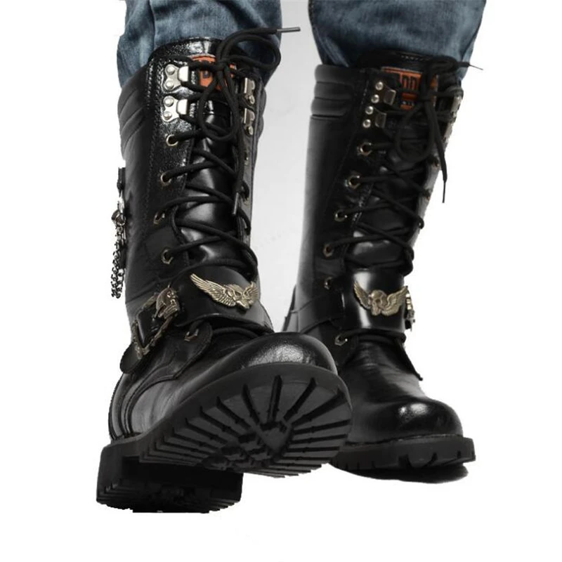

Faion Men's Skull Print Motorcycle Boots Cool Combat Sle ort Boots Spring Autumn PU Leather Inner Lined Lace-Up