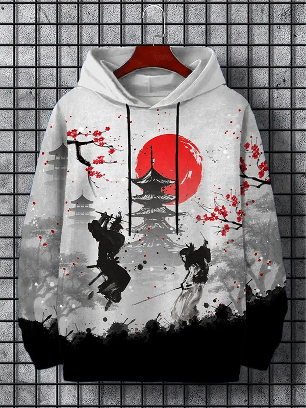 Samurai Men's Hoodie Print Y2k Sweatshirt Harajuku Hooded Shirt Pullover Casual Oversized Long Sleeve Sport Top Men's Clothing