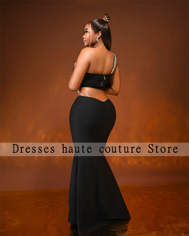 Aso Ebi Black Mermaid Drystal Evening Dress 2025 For Weomen One Shoulder Birthday Party Dress Two-Piece Set Customized