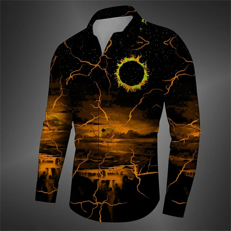 

Retro Men's Solar Eclipse Abstract Pattern Shirt Collared Casual Long Sleeve Men's Fashion Streetwear Collared 3D Printed Shirt