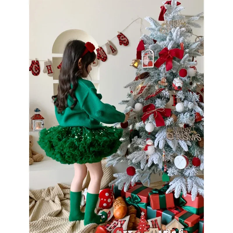 2024 Kids Winter Baby Girl Clothes Cute Fuzzy Ball Red Green Christmas Girls Sweater Princess Pullover Knitted Sweater 80-130cm