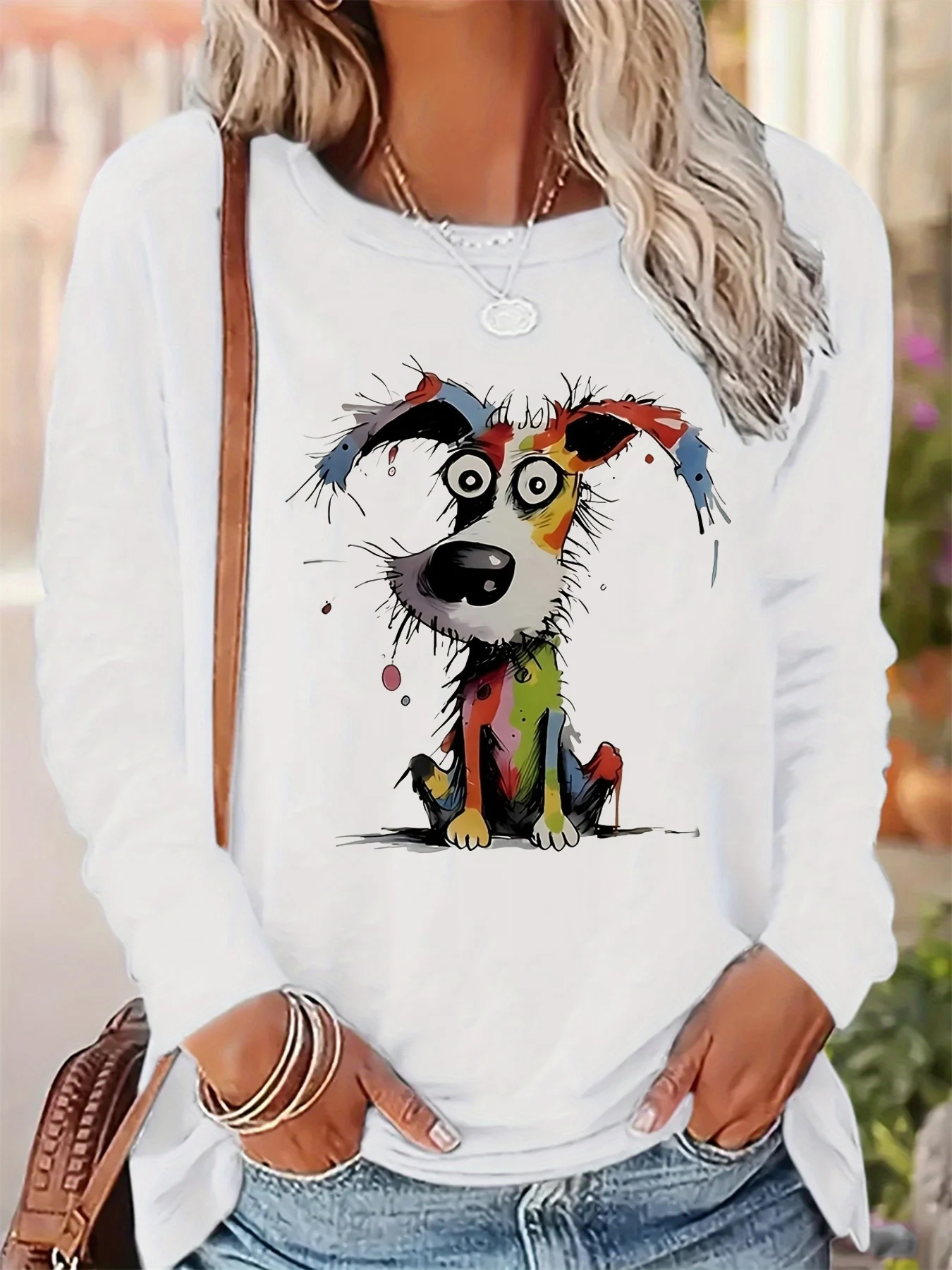 

Women's autumn and winter 100% pure cotton fashionable casual painted cute dog print round neck long sleeved T-shirt top