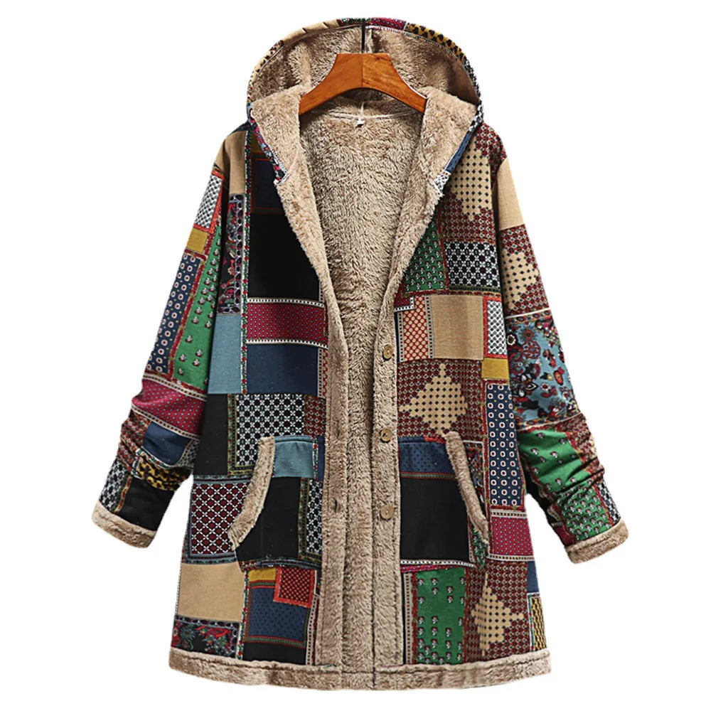 2023 Women's cotton and linen printed hooded sweater with warm plush jacket