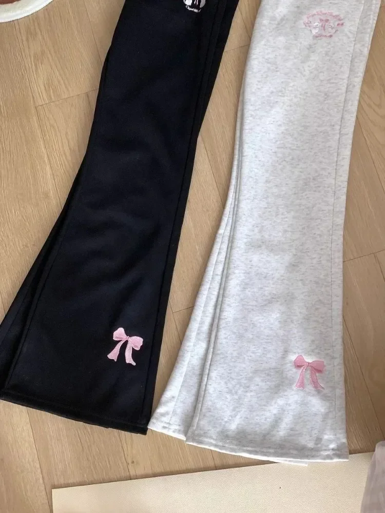 Gray Sweet Elegant Thin Wide Leg Pant Woman Japanese Y2k Aesthetic Drawstring Trousers Harajuku Female Embroidery Chic Bottoms
