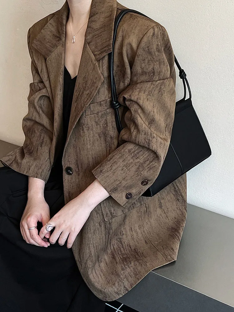 [EAM] Women Coffee Gray Vintage Big Size Casual Blazer New Lapel Long Sleeve Jacket Fashion Tide Spring Autumn 2024 1DH6835