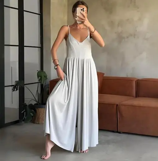 

Jumpsuit Women 2025 Spring Summer New Latest Solid Color Sleeveless Backless V-Neck Casual High Waist Wide Leg Long Jumpsuit