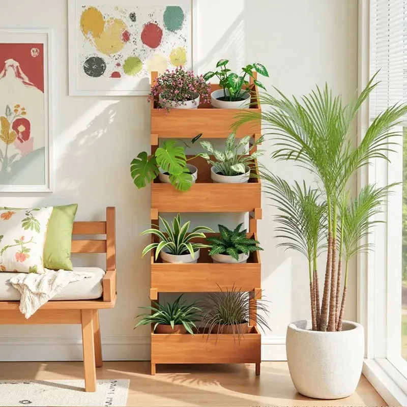 Wood Ladder Plant Stand Mid-Century Tiered Flower Shelf for Balcony Living, Step Display Rack for Potted Plants, Home Decor Gift