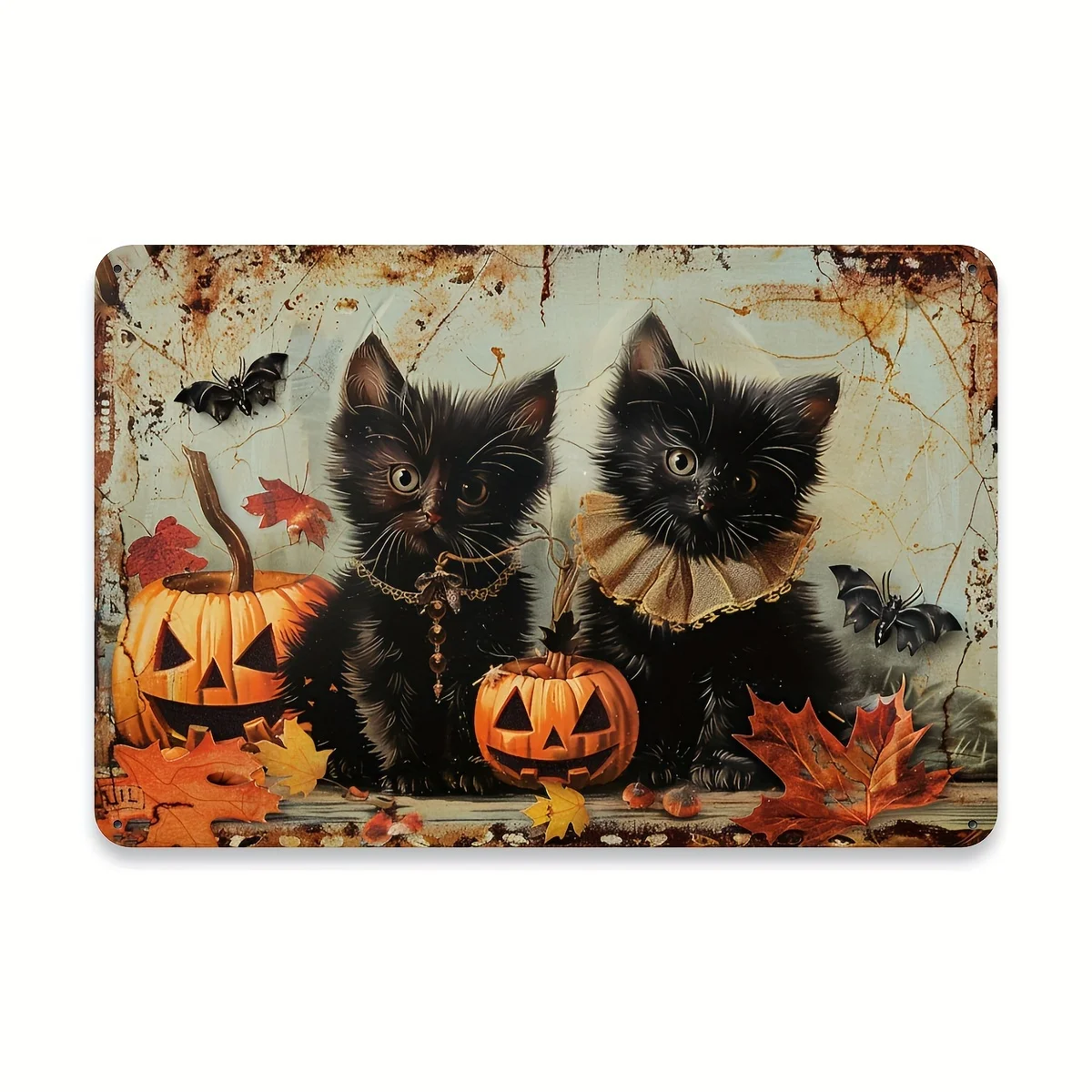 Retro Metal Tin Sign 12x8 Inch, Two Cats and Pumpkin Lantern Design, Halloween Indoor & Outdoor Hanging Tin Wall Decor for Ho